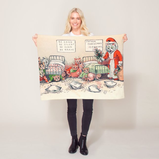 Kittens and Santa Cat, Louis Wain Fleece Blanket (In Situ)