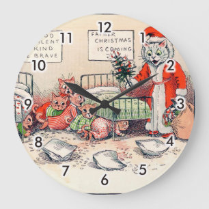 Kittens and Santa Cat, Louis Wain Large Clock