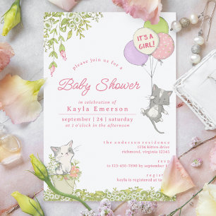 Kittens and Spring Floral   Cute Girly Baby Shower Invitation