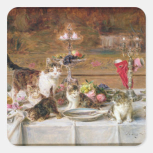 Kittens at a banquet, 19th century square sticker