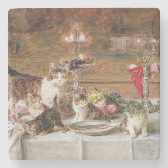 Kittens at a banquet, 19th century stone coaster (Front)
