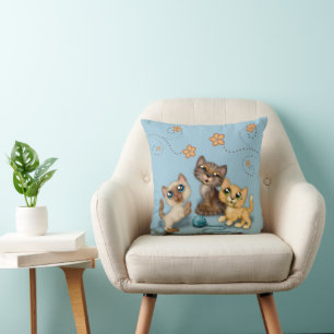 Kittens at Play Blue Cushion