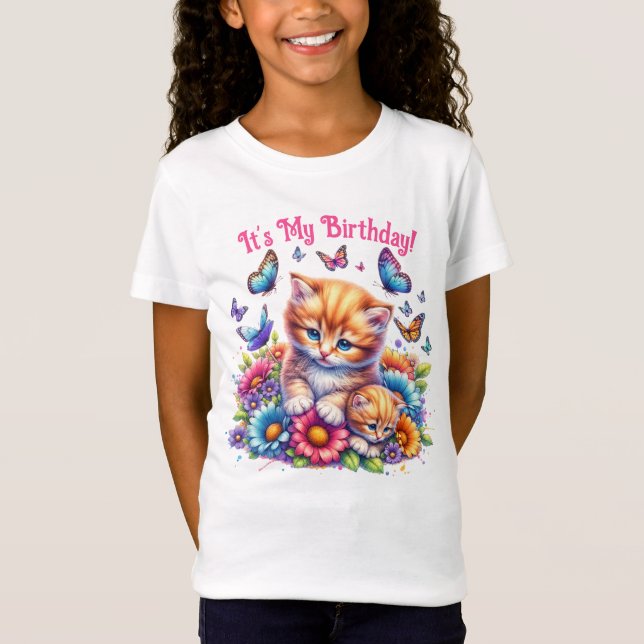 Kittens, Butterflies and Flowers Birthday T-Shirt (Front)