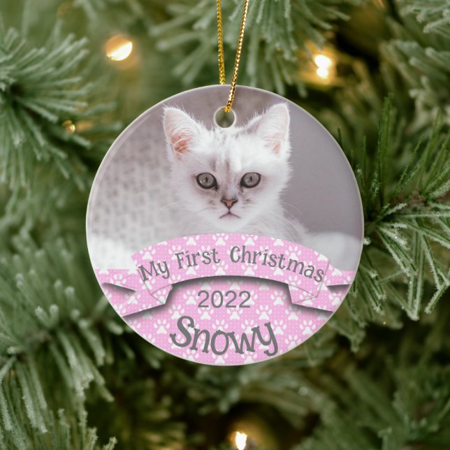 Kitten's First Christmas Pink Paw Print Ceramic Tree Decoration (Tree)