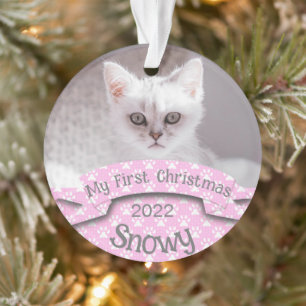 Kitten's First Christmas Pink Paw Print Photo Ornament