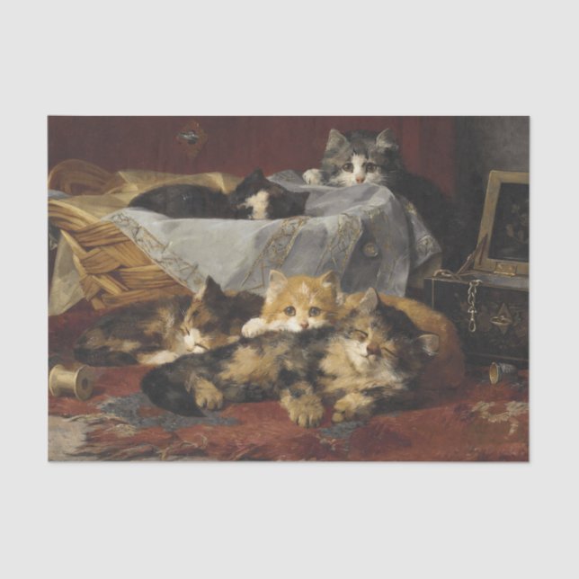 Kittens in a Basket by Charles van den Eycken Tissue Paper (Front)
