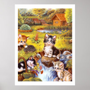 Kittens in a garden poster