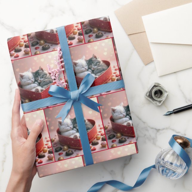 Kittens In a Red Heart Candy Box Wrapping Paper (Gifting)