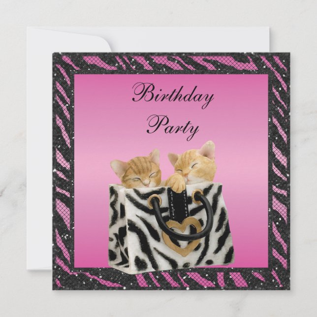 Kittens in Bag Zebra Print Faux Glitter Birthday Invitation (Front)