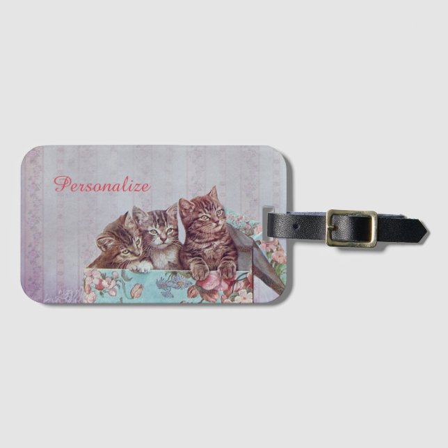 Kittens in Vintage Box Personalise Luggage Travel Tag (Front Horizontal)