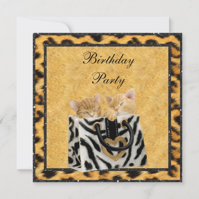 Kittens & Leopard Print Fur Gold Birthday Party Invitation (Front)