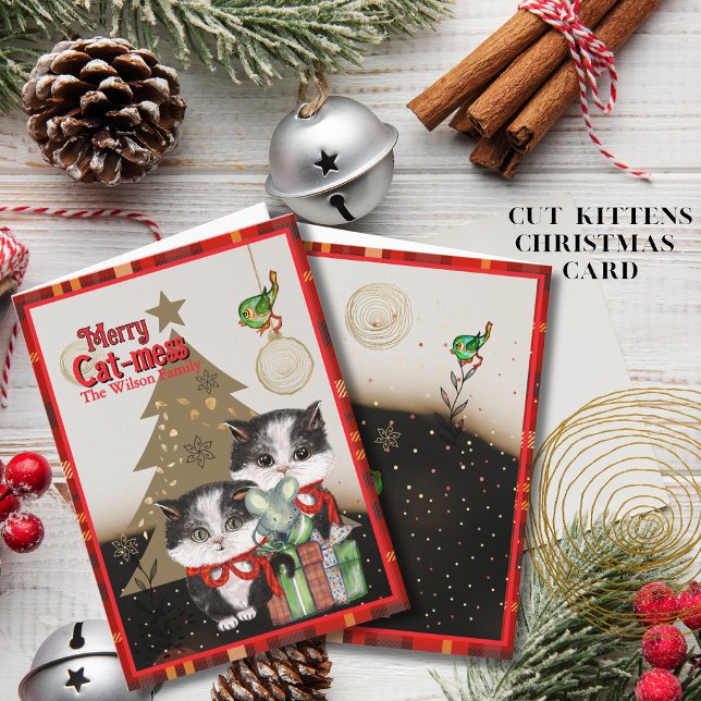 Kittens Merry Cat-mess Card | Red Plaid Christmas (Kittens Merry Cat-mess Card  Red Plaid Christmas)