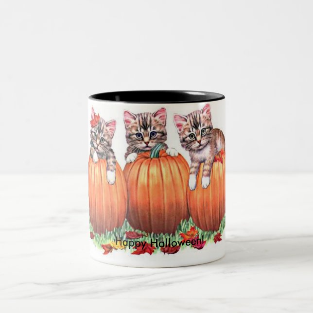 Kittens on Pumpkins for Halloween Two-Tone Coffee Mug (Center)