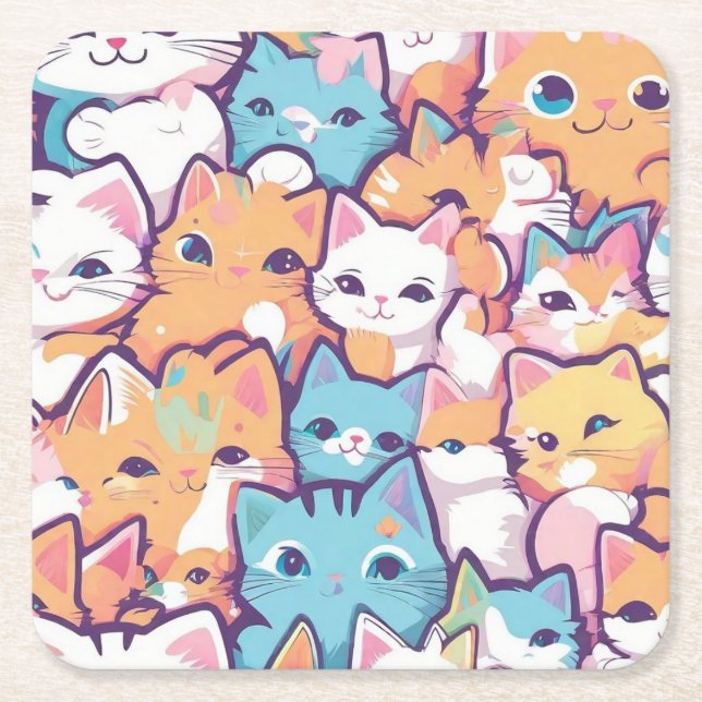Kittens pattern square paper coaster (Front)