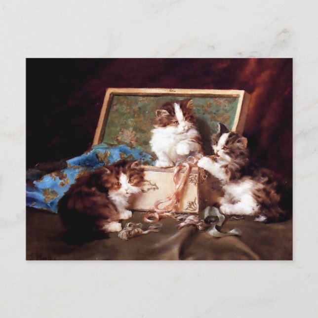 Kittens playing with a sewing box painting postcard (Front)