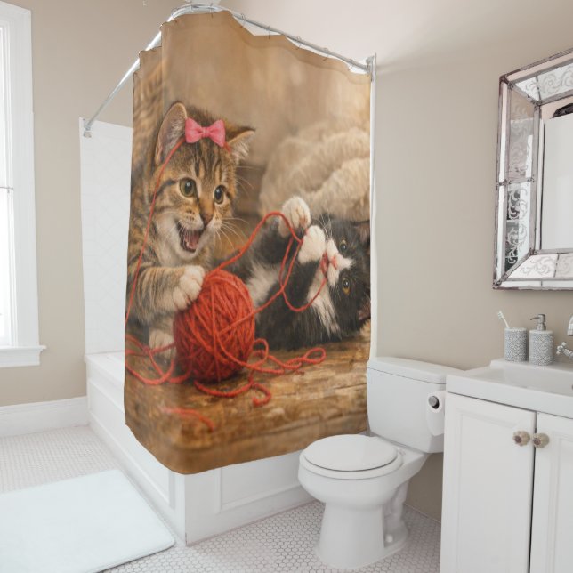 Kittens Playing with Yarn Painterly Shower Curtain (In Situ)