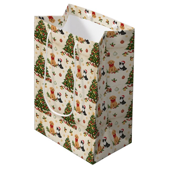 Kittens, Puppies, and Christmas Trees Pattern Medium Gift Bag (Front Angled)