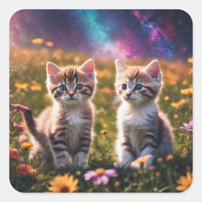 kittens with a beautiful background sticker. square sticker (Front)