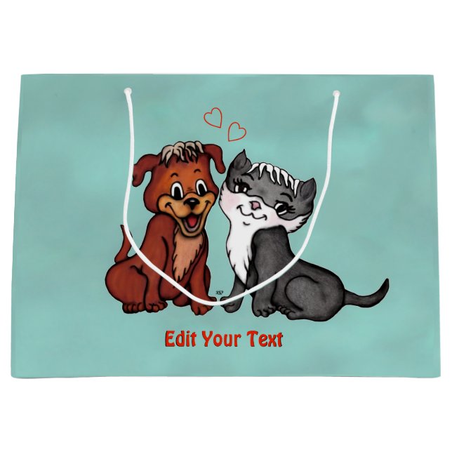 Kitty and Puppy , Edit Your Text Large Gift Bag (Front)