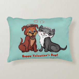 Kitty and Puppy , Happy Valentines Day! Decorative Cushion