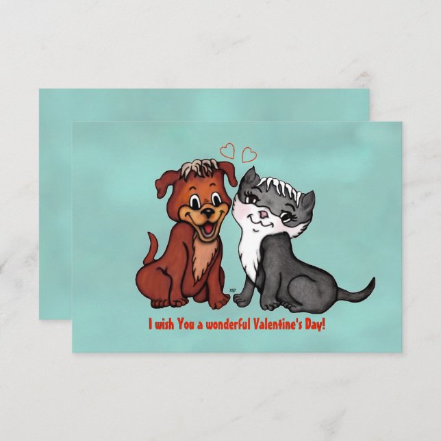Kitty and Puppy , Happy Valentines Day! Invitation (Front/Back)