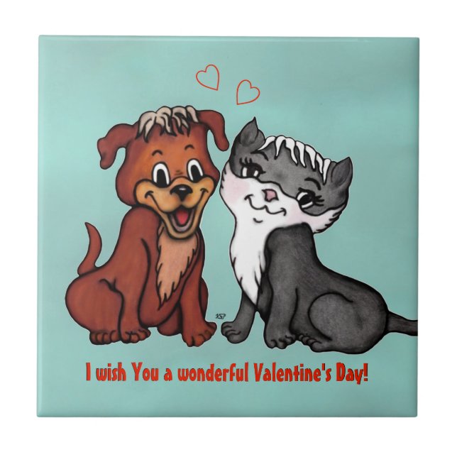 Kitty and Puppy , Happy Valentines Day! Tile (Front)