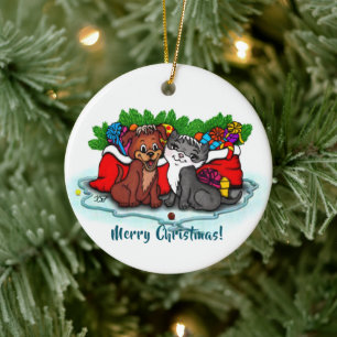Kitty and Puppy , Happy XMas Ceramic Tree Decoration