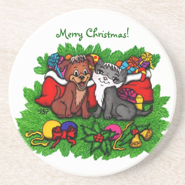 Kitty and Puppy , Happy XMas Coaster (Front)