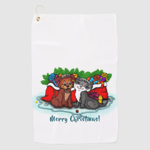 Kitty and Puppy , Happy XMas Golf Towel