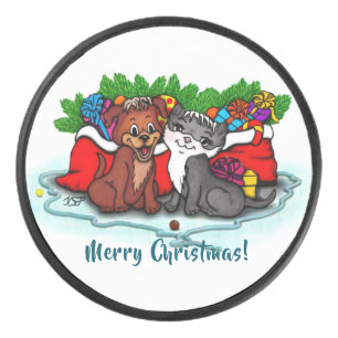 Kitty and Puppy , Happy XMas Hockey Puck