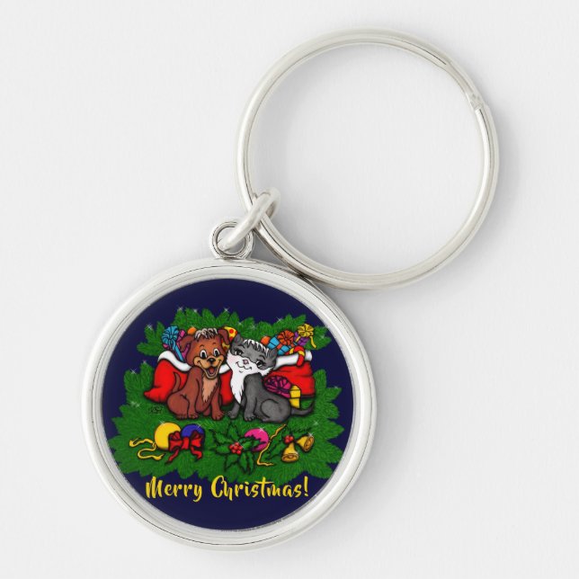 Kitty and Puppy , Happy XMas Key Ring (Front)