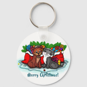 Kitty and Puppy , Happy XMas Key Ring