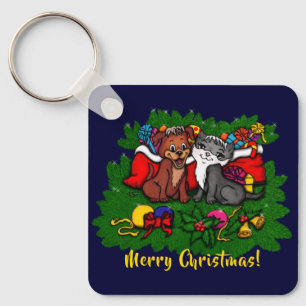 Kitty and Puppy , Happy XMas Key Ring
