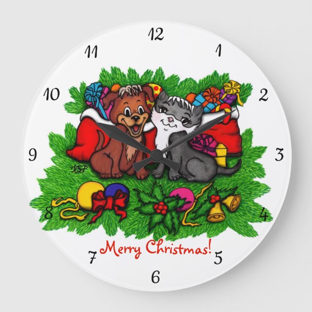 Kitty and Puppy , Happy XMas Large Clock (Front)