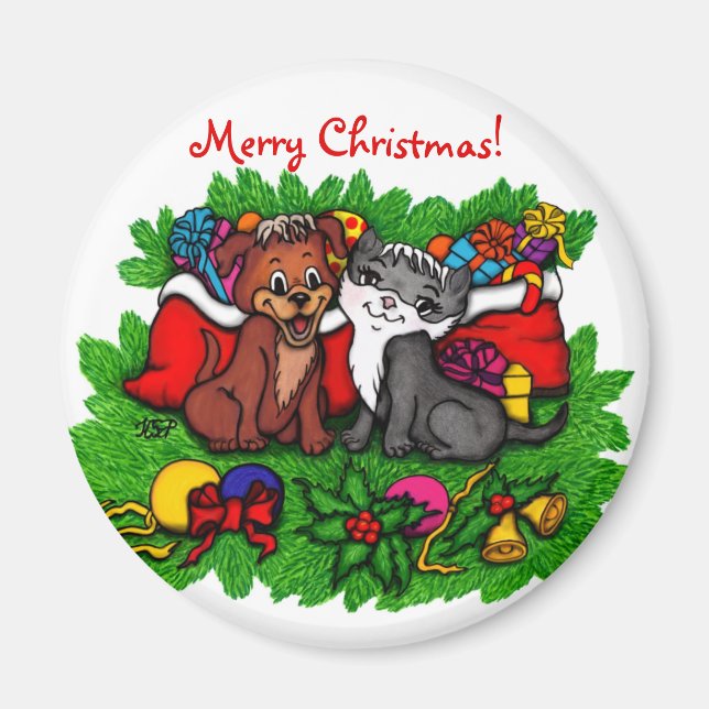 Kitty and Puppy , Happy XMas Magnet (Front)