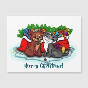 Kitty and Puppy , Happy XMas Magnetic Card