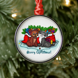 Kitty and Puppy , Happy XMas Metal Tree Decoration