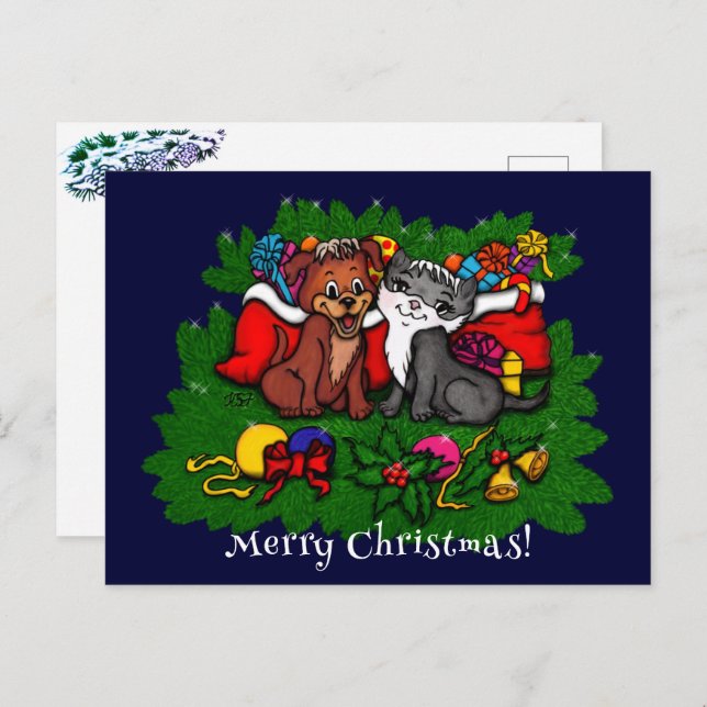 Kitty and Puppy , Happy XMas Postcard (Front/Back)
