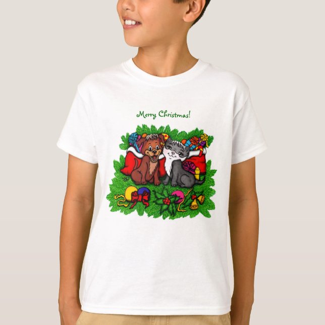 Kitty and Puppy , Happy XMas T-Shirt (Front)