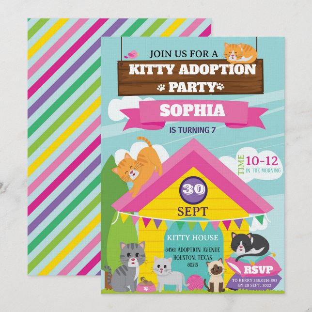 Kitty Birthday Invitation / Girl Kitten Party (Front/Back)