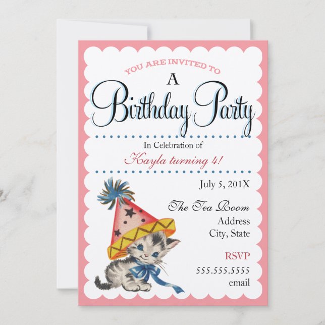 Kitty Birthday Party | Retro Birthday Invitations (Front)