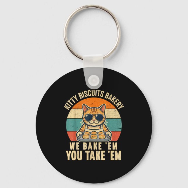 Kitty biscuits bakery funny cat sunglasses retro key ring (Front)