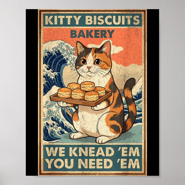 Kitty biscuits bakery great wave cat kneading meme poster (Front)