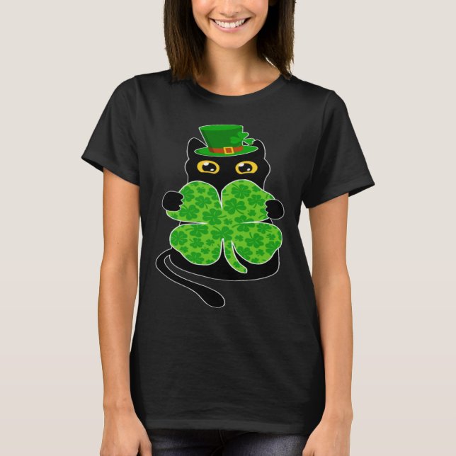 Kitty Black Cat Holding Leopard Print C St Patrick T-Shirt (Front)