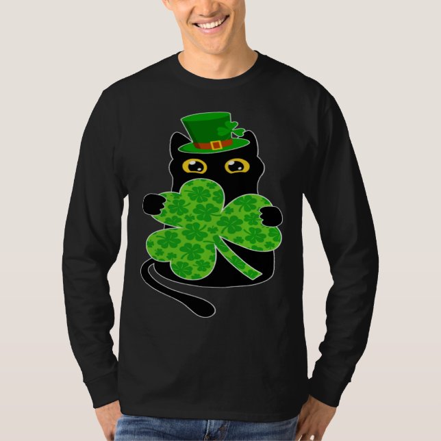 kItty Black Cat Holding Shamrock St Patricks Day 2 T-Shirt (Front)