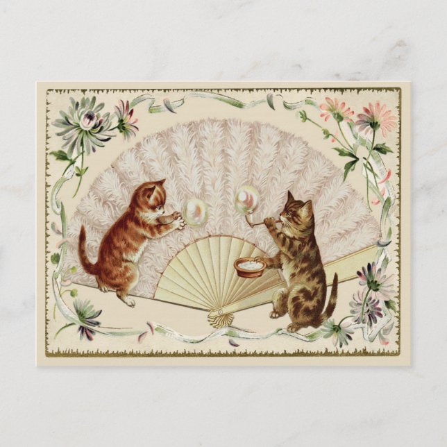 Kitty Bubbles & Fan Vintage Reproduction Postcard (Front)
