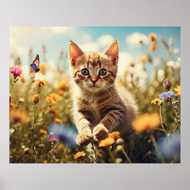 *~* Kitty Butterfly Flowers 5:4  Kitten Cat AP68  Poster (Front)