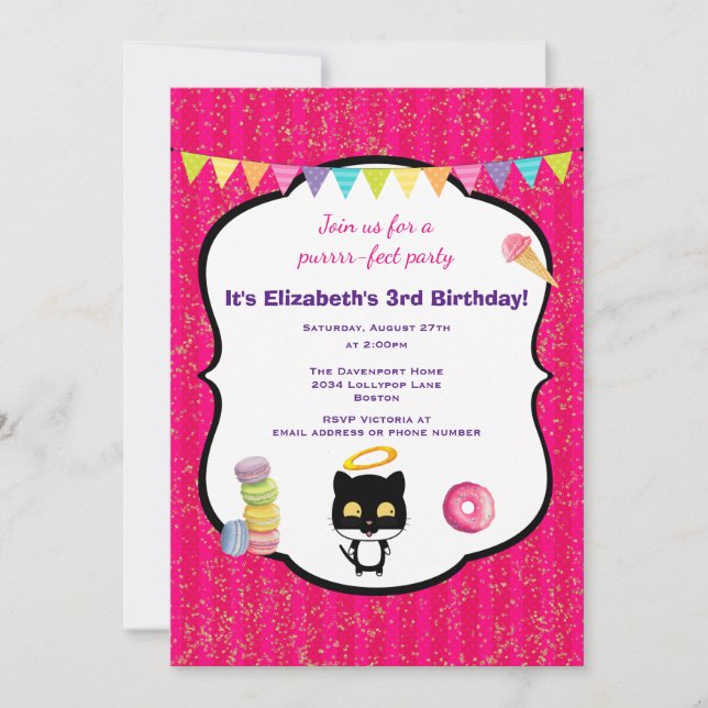 Kitty Cat And Ice Cream Birthday Party Invite (Front)