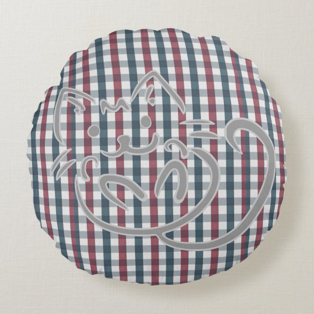 Kitty Cat and Plaid Pattern Round Cushion (Front)