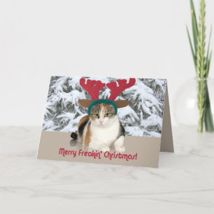 Kitty Cat & Antlers Merry Freakin Christmas Holiday Card